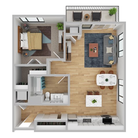 A top-down view of a modern apartment layout with a living room, kitchen, and bathroom.